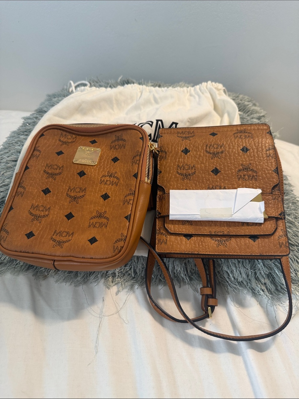 MCM Cognac Visetos Double Crossbody/ Belt Bag Set in Brown